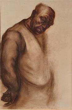 Belgische etser Jacques Boonen met een tekening uit 1943