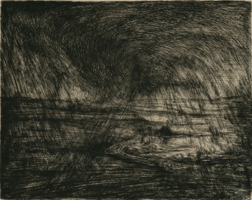 Belgische etser Jacques Boonen met een ets van de regen