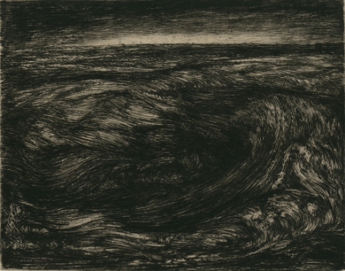 Belgische etser Jacques Boonen met een ets van de Zee