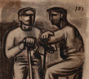Jules De Sutter met een tekening van twee arbeiders