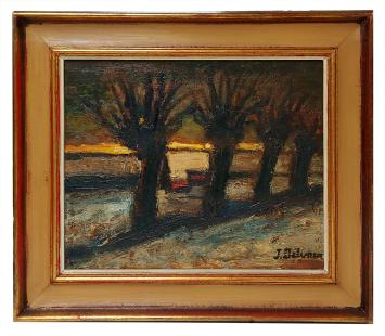 Peinture expressionniste de Jacques Delvaux représentant quatre saules têtards alignés au coucher du soleil, dans des tons ch