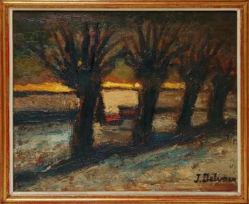 Expressionist painting with four pollard willows in a row at sunset, work by Jacques Delvaux in warm colours.