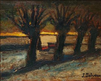 Expressionistisch schilderij met vier knotwilgen in een rij bij zonsondergang, werk van Jacques Delvaux in warme kleuren.