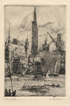 Gesigneerde ets van de Belgische etser Jacques Gorus