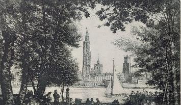 Jaak Gorus met een ets van Antwerpen naast de Schelde