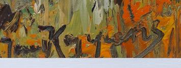 Kunstschilder Juul Keppens met een schilderij in expressionistische stijl