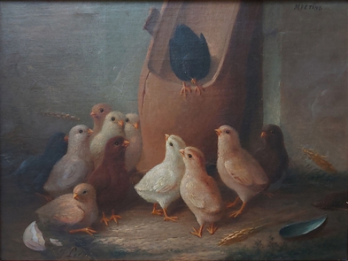 J. Lecosty, schilderij met kuikentjes
