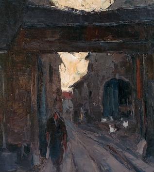 Joseph Lemaire met een schilderij van een dorpsstraat