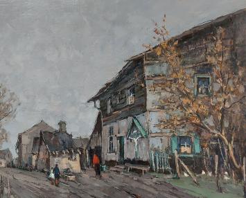 Joseph Lemaire met een schilderij, hoeve met kruisbeeld