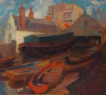 Joseph Posenaer met een kunstwerk met boten