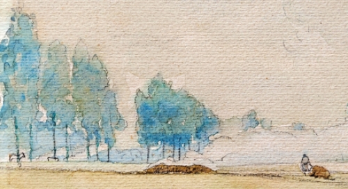 Landschapje met boer en paard in de verte 1949