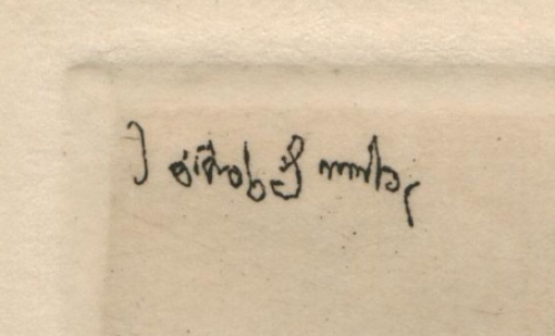 Jakob Smits met een ets, aardappeloogst