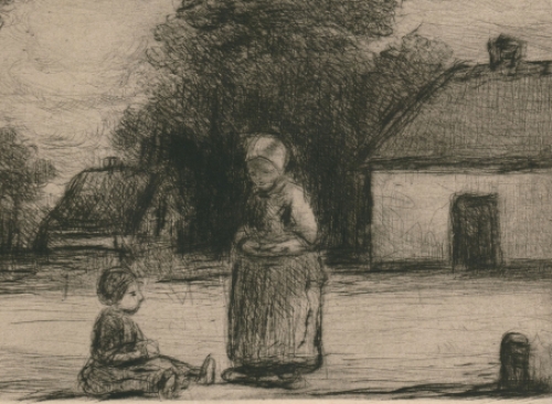 Vrouw en kind bij de hoeve