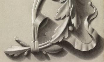 Nederlandse kunstenaar J. Storm met een tekening van een decorontwerp