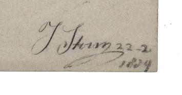 Nederlandse kunstenaar J. Storm met een tekening of schets