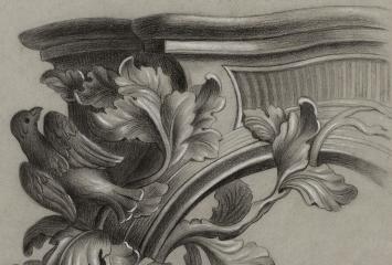 Nederlandse kunstenaar J. Storm met een tekening van een ornament met vogel