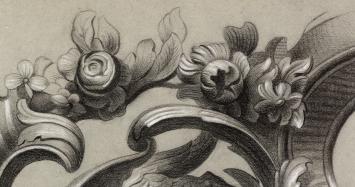 Nederlandse kunstenaar J. Storm met een tekening van een ornament met vogel