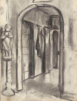 Houtskooltekening, 2 huifkarren en portaal