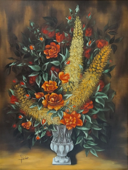 J. West met een ovaal bloemenschilderij