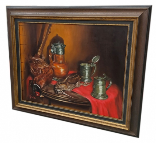 Jeanette West met een stilleven, jachtpartij met fazant en snip