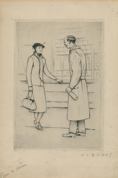 Winkelen, een ets van de Belgische etser Jaak Gorus