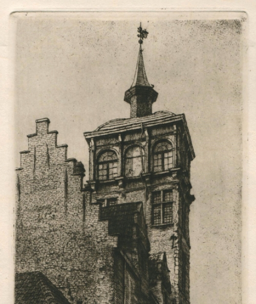 Jaak Gorus met een ets van de toren van Straelen