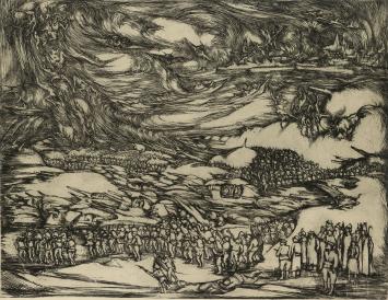 Belgische etser Jacques Boonen met een ets van soldaten