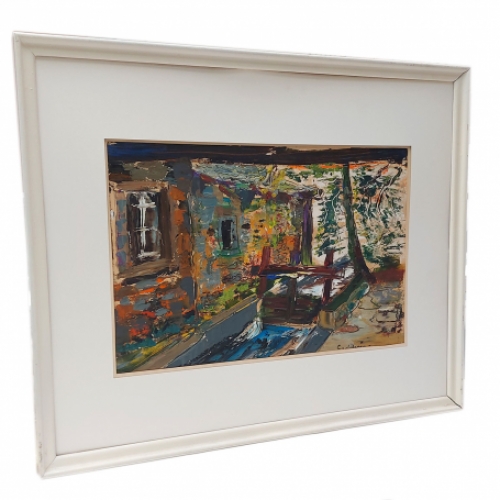 Beekje met schot aan een huisje