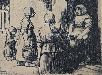 J. Smits met een ets van arme vrouwen uit 1910