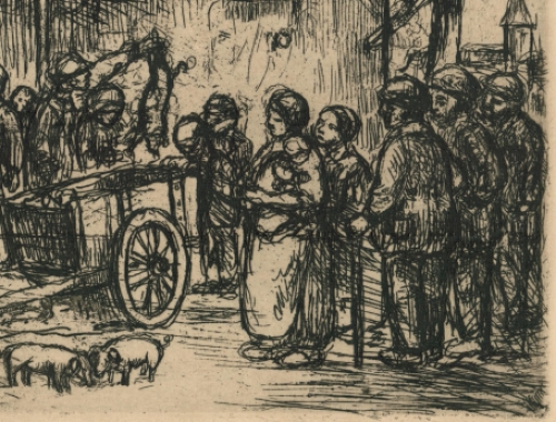 Jakob Smits met een ets, met als titel, Varkenskooplieden