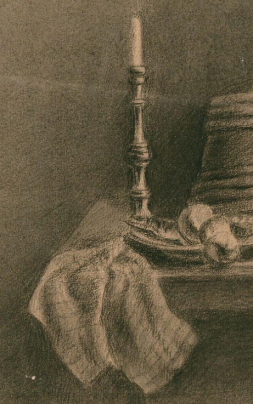 Nederlandse kunstenaar J. Storm met een tekening uit 1891