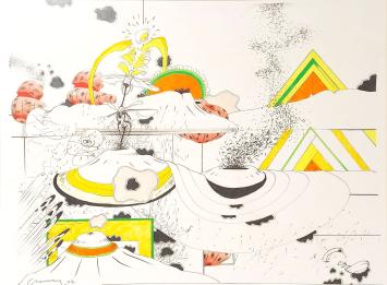 Jacques Chemay met een kunstwerk op papier