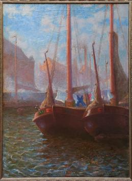 Kunstschilder Jacques Doré met een olieverfschilderij