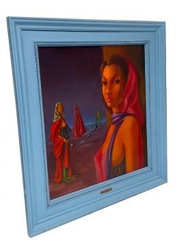 Surrealistisch schilderij met gesluierde dame