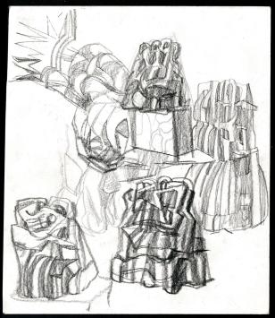 Jan Alfons Keustermans met een schetsblad, voor en achter