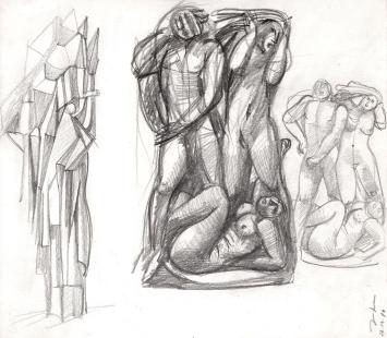 Jan Alfons Keustermans met een schetsblad, voor en achter