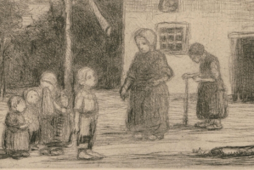 J. Smits met een ets op papier