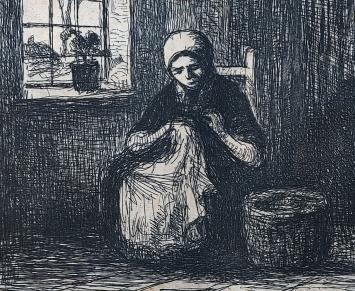 J. Smits met een ets van de vrouw aan het venster