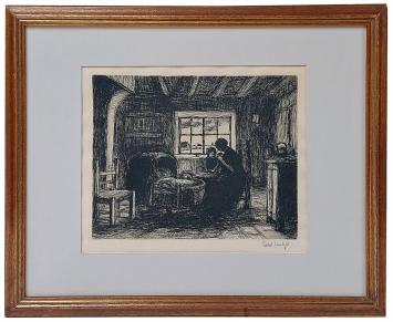 Vrouw bij wieg II, Jakob Smits. Ets van moeder met kind bij wieg in interieur, gesigneerd.