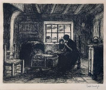 Vrouw bij wieg II, Jakob Smits. Eau-forte représentant mère et enfant près du berceau, signée.
