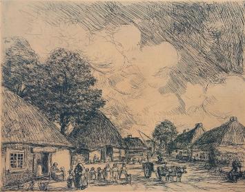 J. Smits met een  ets, de Kempen is de titel van het kunstwerk