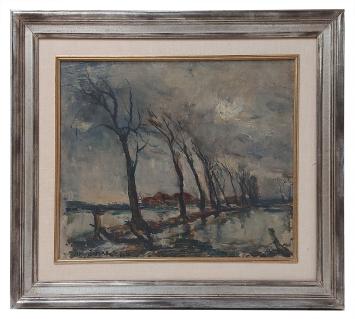 Expressionistisch winterlandschap met bomenrij langs natte velden, Armand Jamar, 1938.