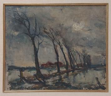 Expressionist winter landscape with a row of bare trees over wet fields, Armand Jamar, 1938.