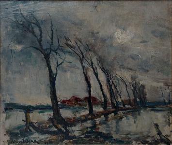 Paysage hivernal expressionniste avec rangée d’arbres au-dessus de champs détrempés, Armand Jamar, 1938.