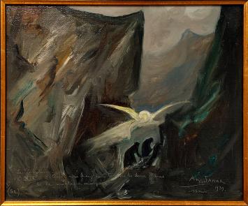 Le Purgatoire XIX L’Ange, Armand Jamar, 1939, oil on canvas, angel in mountain landscape with two shadowy figures.