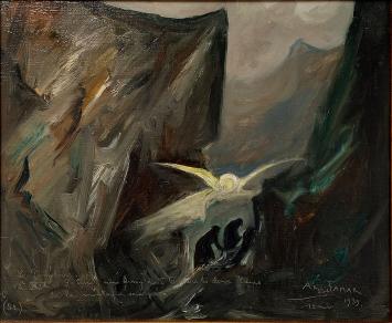 Le Purgatoire XIX L’Ange, Armand Jamar, 1939, huile sur toile, ange lumineux dans un paysage montagneux avec deux silhouettes