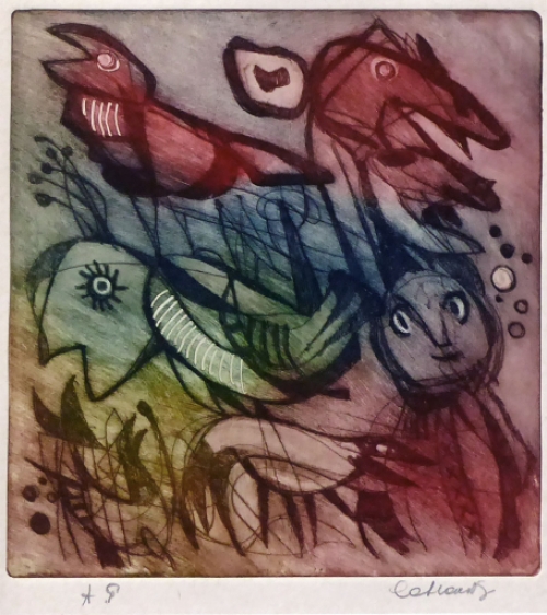 Jan Cobbaert met een Cobra achtige lithografie