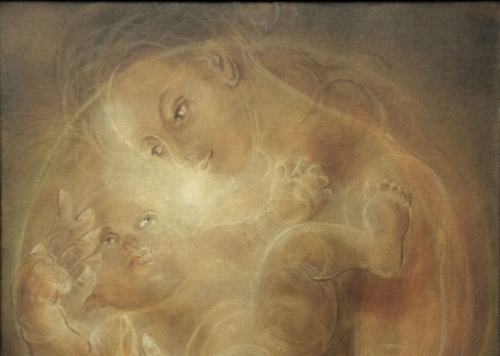 Kunstschilder Jan Van der Smissen met een schilderij op canvas