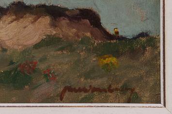 Jan Van Looy met een landschapsschilderij van de duinen