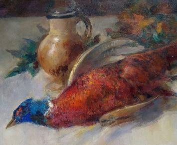 Jan Van Puyenbroeck, Belgische kunstschilder met een schilderij op doek in kader